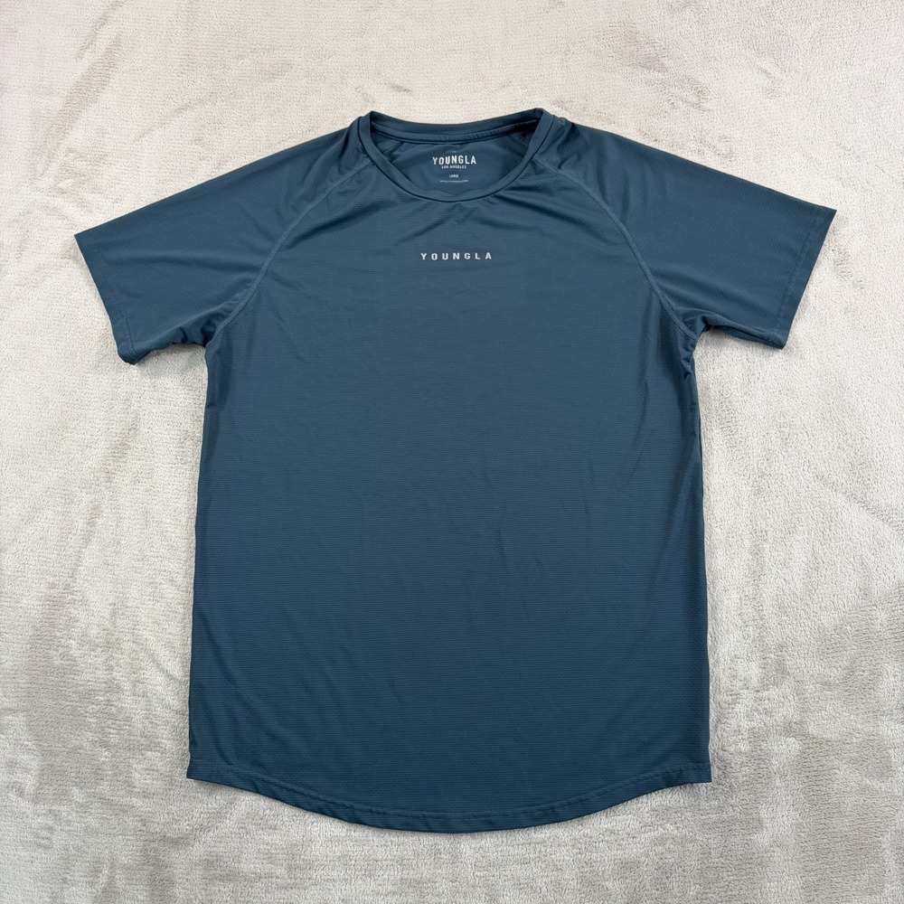 Young LA Performance Logo T Shirt Men Large Teal Gym Hiking Training NWOT